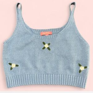 Sugar Thrillz Blue Knit Camisole Embroidered Flower Tank Top Sweater Women Small